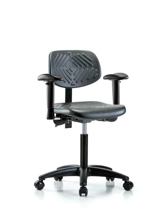 Blue Ridge Ergonomics PMBCH-RG-T0-A1-NF-RC-BLK Polyurethane Chair - Medium Bench Height with Adjustable Arms & Casters in Black Polyurethane