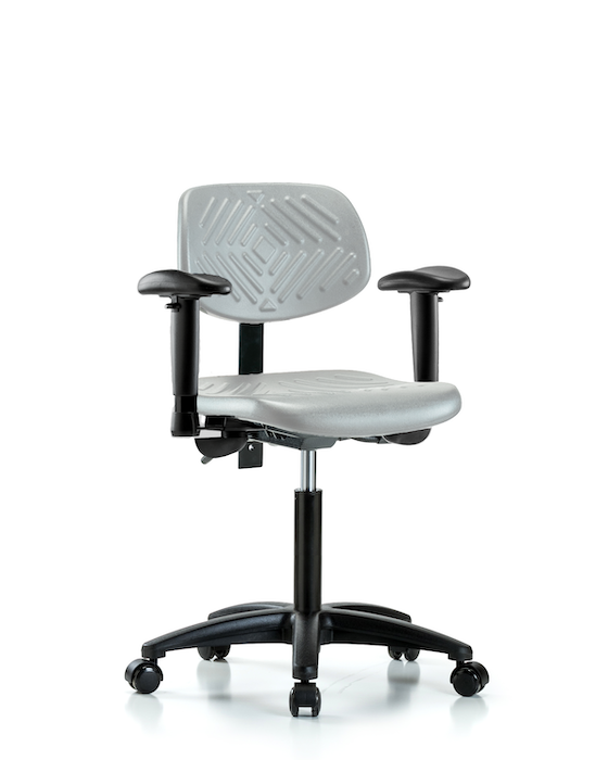 Blue Ridge Ergonomics PMBCH-RG-T0-A1-NF-RC-GRY Polyurethane Chair - Medium Bench Height with Adjustable Arms & Casters in Gray Polyurethane