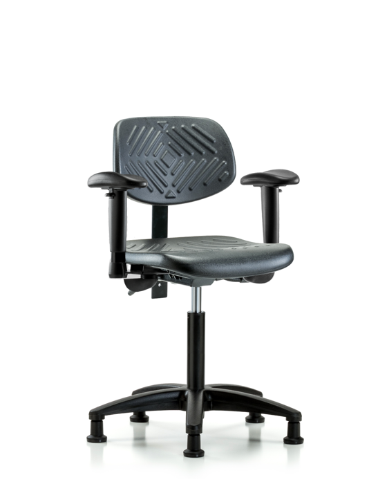 Blue Ridge Ergonomics PMBCH-RG-T0-A1-NF-RG-BLK Polyurethane Chair - Medium Bench Height with Adjustable Arms & Stationary Glides in Black Polyurethane