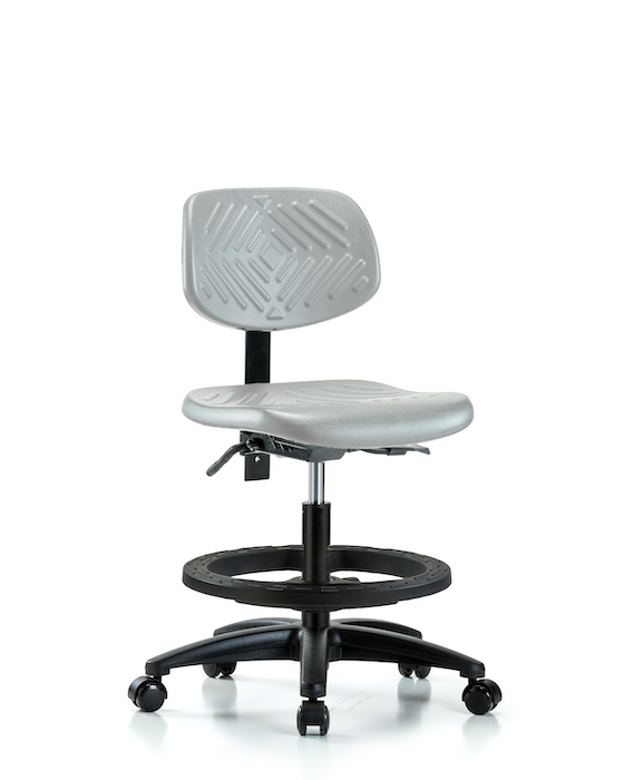 Blue Ridge Ergonomics PMBCH-RG-T1-A0-BF-RC-GRY Polyurethane Chair - Medium Bench Height with Seat Tilt, Black Foot Ring, & Casters in Gray Polyurethane
