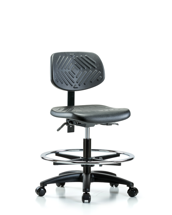 Blue Ridge Ergonomics PMBCH-RG-T1-A0-CF-RC-BLK Polyurethane Chair - Medium Bench Height with Seat Tilt, Chrome Foot Ring, & Casters in Black Polyurethane