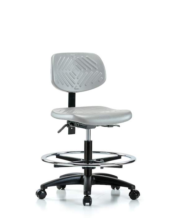 Blue Ridge Ergonomics PMBCH-RG-T1-A0-CF-RC-GRY Polyurethane Chair - Medium Bench Height with Seat Tilt, Chrome Foot Ring, & Casters in Gray Polyurethane