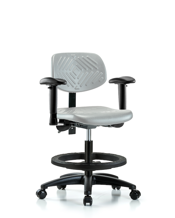 Blue Ridge Ergonomics PMBCH-RG-T1-A1-BF-RC-GRY Polyurethane Chair - Medium Bench Height with Seat Tilt, Adjustable Arms, Black Foot Ring, & Casters in Gray Polyurethane