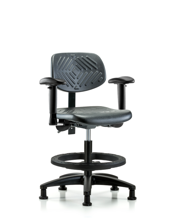 Blue Ridge Ergonomics PMBCH-RG-T1-A1-BF-RG-BLK Polyurethane Chair - Medium Bench Height with Seat Tilt, Adjustable Arms, Black Foot Ring, & Stationary Glides in Black Polyurethane