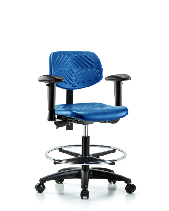 Blue Ridge Ergonomics PMBCH-RG-T1-A1-CF-RC-BLU Polyurethane Chair - Medium Bench Height with Seat Tilt, Adjustable Arms, Chrome Foot Ring, & Casters in Blue Polyurethane