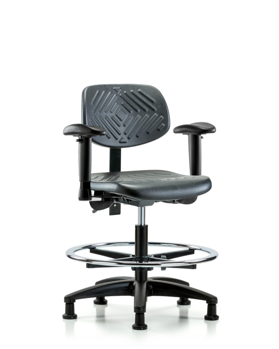 Blue Ridge Ergonomics PMBCH-RG-T1-A1-CF-RG-BLK Polyurethane Chair - Medium Bench Height with Seat Tilt, Adjustable Arms, Chrome Foot Ring, & Stationary Glides in Black Polyurethane