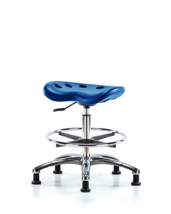 Blue Ridge Ergonomics PTMBSL-CR-CF-RG-BLU Polyurethane Tractor Stool Chrome - Medium Bench Height with Chrome Foot Ring & Stationary Glides in Blue Polyurethane