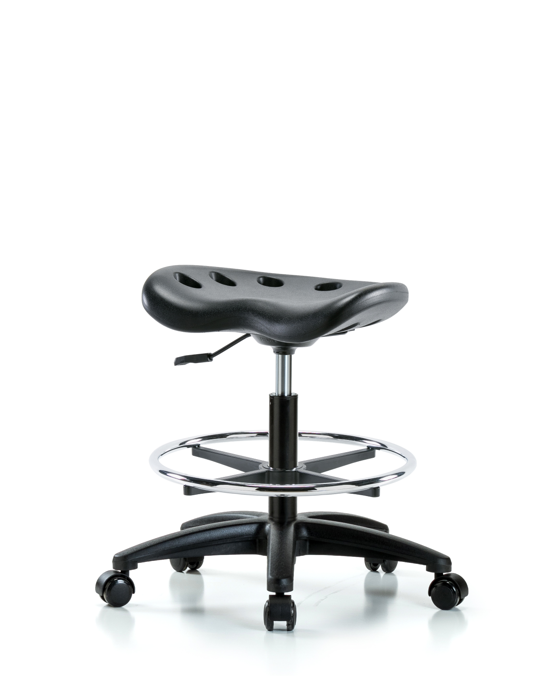 Blue Ridge Ergonomics PTMBSL-RG-CF-RC-BLK Polyurethane Tractor Stool - Medium Bench Height with Chrome Foot Ring & Casters in Black Polyurethane