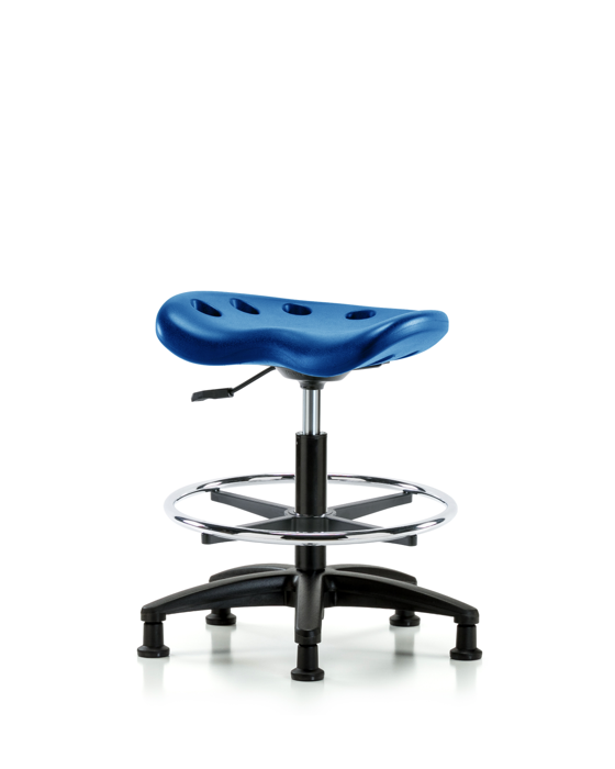 Blue Ridge Ergonomics PTMBSL-RG-CF-RG-BLU Polyurethane Tractor Stool - Medium Bench Height with Chrome Foot Ring & Stationary Glides in Blue Polyurethane