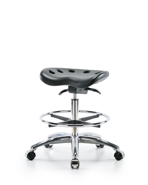 Blue Ridge Ergonomics PTMBSO-CR-CF-CC-BLK Polyurethane Tractor Sit-Stand Stool Chrome - Medium Bench Height with Chrome Foot Ring & Chrome Casters in Black Polyurethane