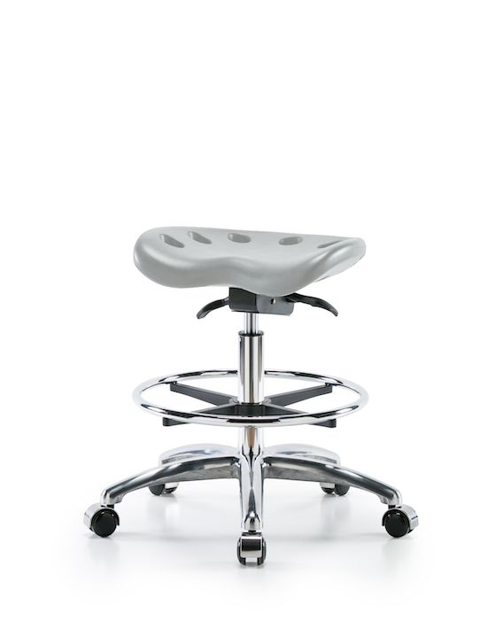 Blue Ridge Ergonomics PTMBSO-CR-CF-CC-GRY Polyurethane Tractor Sit-Stand Stool Chrome - Medium Bench Height with Chrome Foot Ring & Chrome Casters in Gray Polyurethane