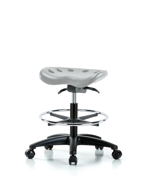 Blue Ridge Ergonomics PTMBSO-RG-CF-RC-GRY Polyurethane Tractor Sit-Stand Stool - Medium Bench Height with Chrome Foot Ring & Casters in Gray Polyurethane