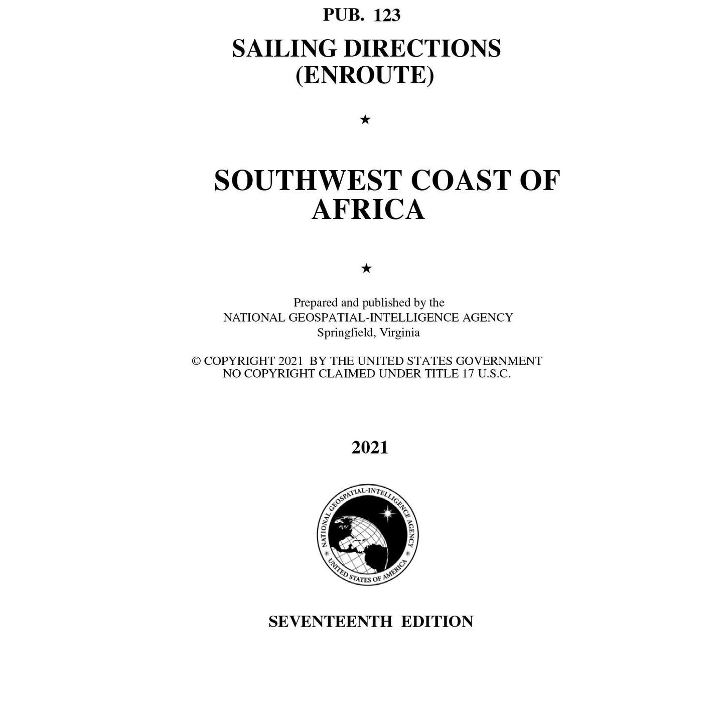 Paradise Clay IHP_PUB123 PUB. 123 Sailing Directions Enroute: Southwest Coast of Africa (CURRENT EDITION) - Book