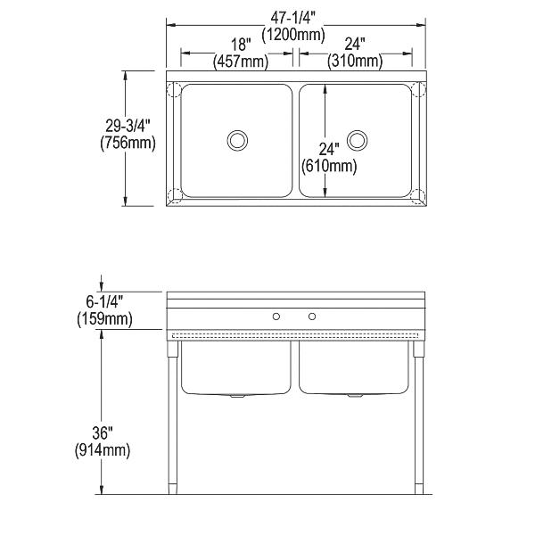 Elkay RNSF82362 Rigidbilt Stainless Steel 47-1/4" x 29-3/4" x 12-3/4" Floor Mount Double Compartment Scullery Sink