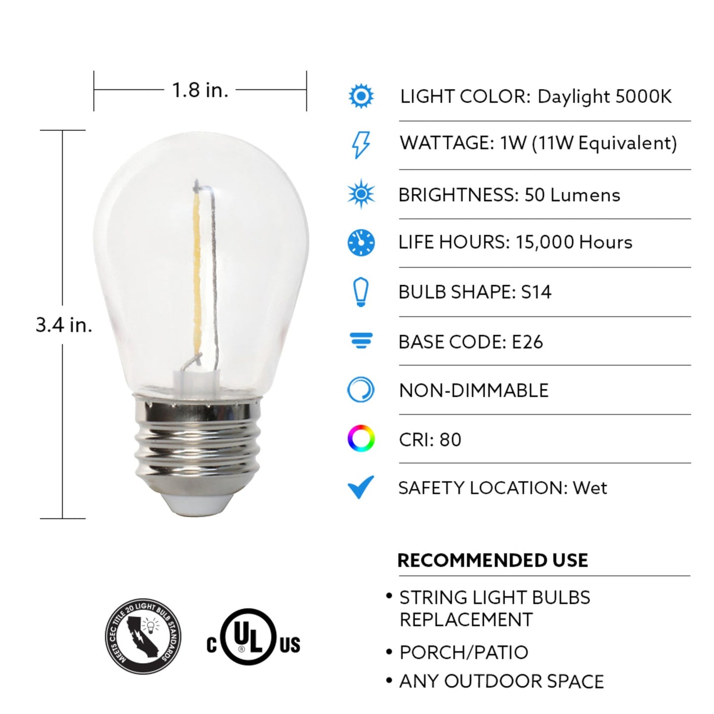 Feit Electric S14/850/FILED/4 1W (11W Equivalent) Daylight White (5000K) S14 Base (E26 Replacement) LED Exposed Filament Replacement Light Bulb (4-Pack)