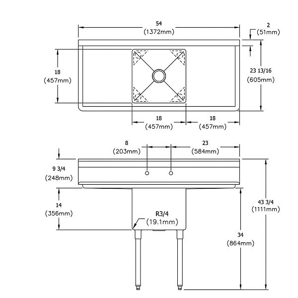 Elkay S1C18X18-2-18X Dependabilt Stainless Steel 54" x 23-13/16" x 43-3/4" 18 Gauge One Compartment Sink w/ 18" Left and Right Drainboards and Stainless Steel Legs