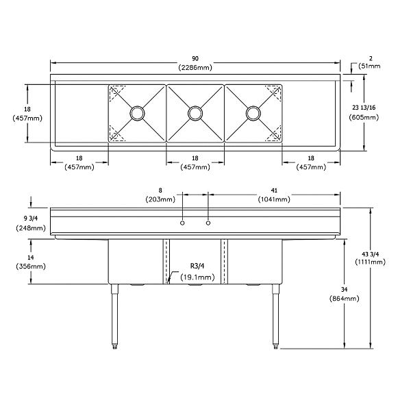 Elkay S3C18X18-2-18X Dependabilt Stainless Steel 90" x 23-13/16" x 43-3/4" 18 Gauge Three Compartment Sink w/ 18" Left and Right Drainboards and Stainless Steel Legs