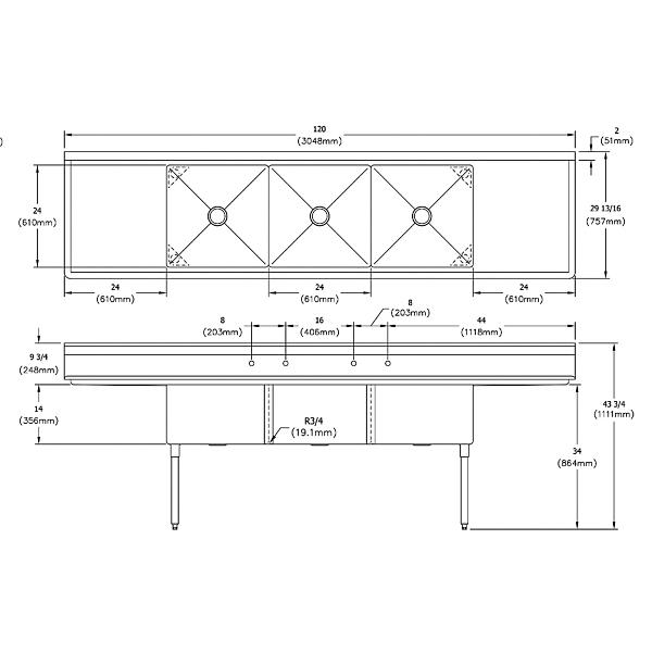 Elkay S3C24X24-2-24X Dependabilt Stainless Steel 120" x 29-13/16" x 43-3/4" 18 Gauge Three Compartment Sink w/ 24" Left and Right Drainboards & Stainless Steel Legs