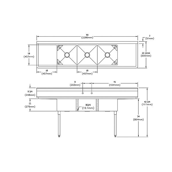 Elkay SE3C18X18-2-18X Dependabilt Stainless Steel 90" x 23-13/16" x 43-3/4" 18 Gauge Three Compartment Sink w/ 18" Left and Right Drainboards and Stainless Steel Legs