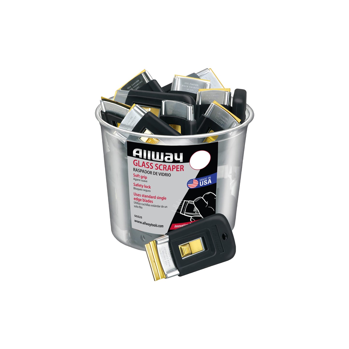 Allway SGS25 Soft-Grip Glass Scrapers, Bucket of 25