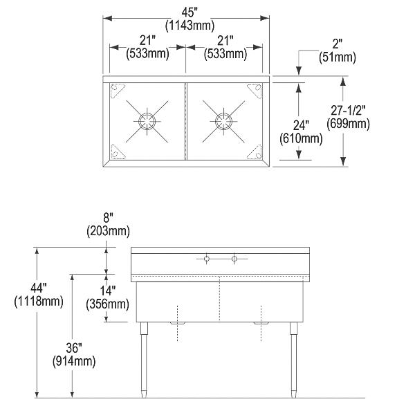 Elkay SS82422 Sturdibilt® Stainless Steel 45" x 27-1/2" x 14" Floor Mount Double Compartment Scullery Sink