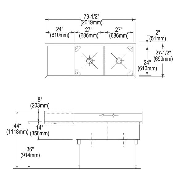 Elkay SS8254L2 Sturdibilt® Stainless Steel 79-1/2" x 27-1/2" x 14" Floor Mount Double Compartment Scullery Sink w/ Drainboard