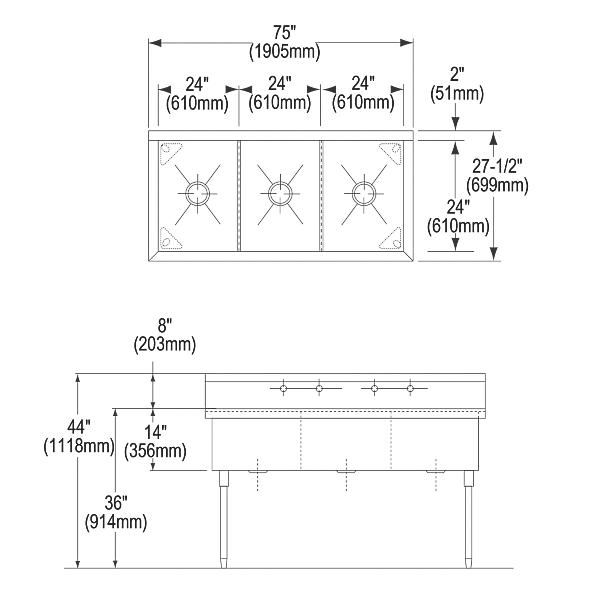 Elkay SS83724 Sturdibilt® Stainless Steel 75" x 27-1/2" x 14" Floor Mount Triple Compartment Scullery Sink