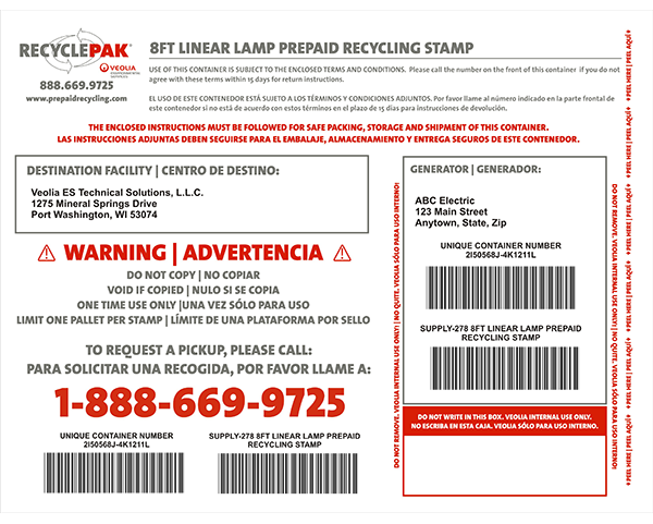 Recycle-Pak SUPPLY-278 8Ft Linear Lamp Prepaid Recycling Stamp