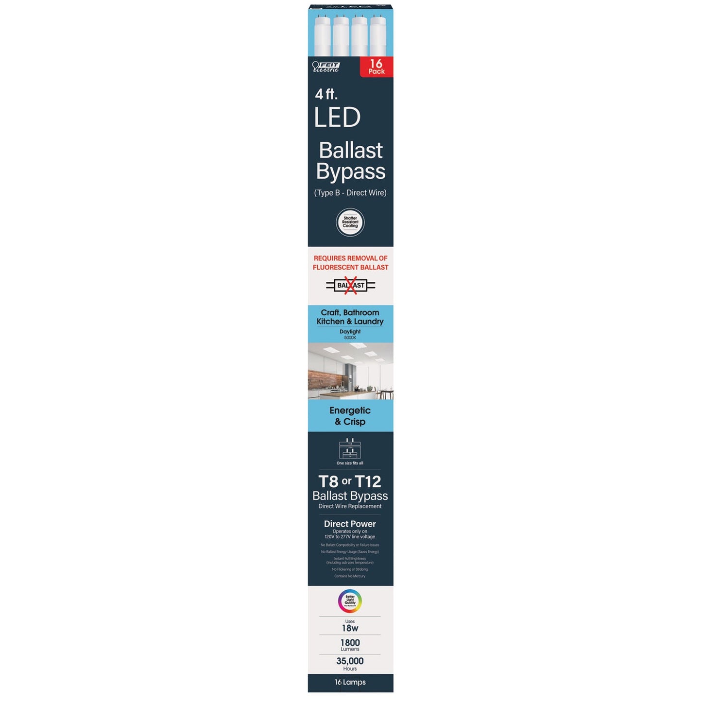Feit Electric T848/850/B/LED/16 4 ft. 18W (32W Replacement) Daylight (5000K) Bi-Pin T8 Ballast Bypass (Type B) LED Linear Tube (16-Pack)