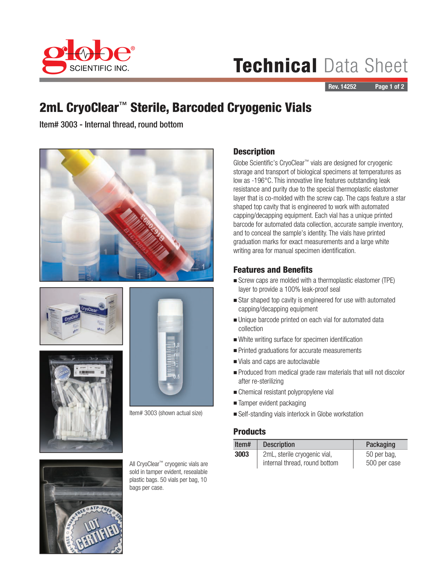 Globe Scientific 3003 CryoCLEAR vials 2.0mL STERILE Internal Threads Attached Screwcap with Co-Molded Thermoplastic Elastomer (TPE) Sealing Layer Round Bottom Printed Graduations Writing Space and Barcode 50/Bag 10 Bags/Case