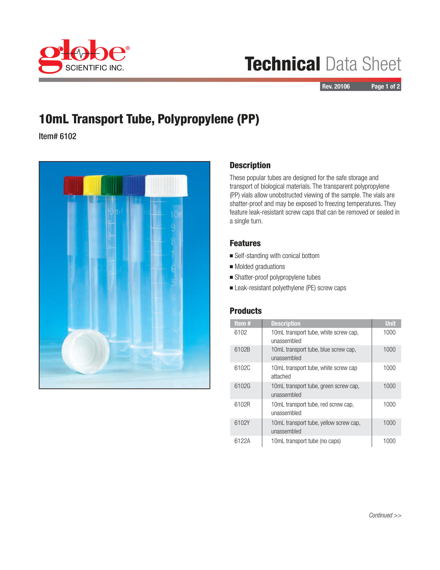 Globe Scientific 6102 Transport Tube 10mL with Separate White Screw Cap PP Conical Bottom Self-Standing Molded Graduations