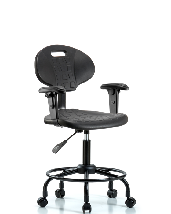 Blue Ridge Ergonomics TPDHCH-RT-A1-RC-BLK Erie Polyurethane Chair - Desk Height with Adjustable Arms, Round Tube Base & Casters in Black Polyurethane