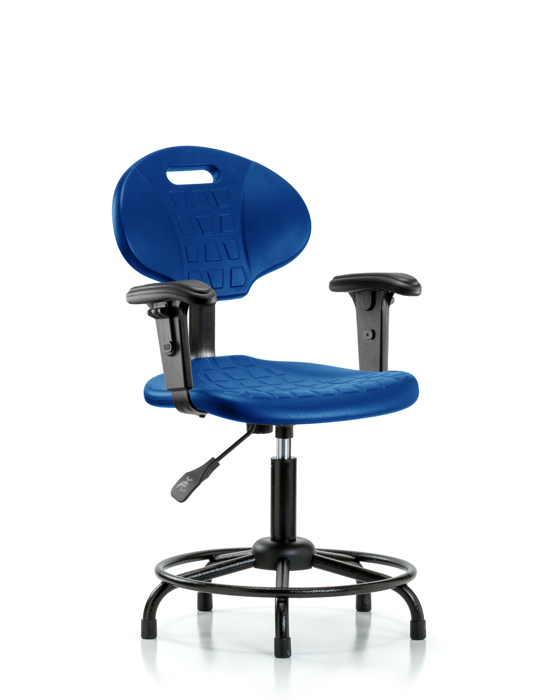 Blue Ridge Ergonomics TPDHCH-RT-A1-RG-BLU Erie Polyurethane Chair - Desk Height with Adjustable Arms, Round Tube Base & Stationary Glides in Blue Polyurethane