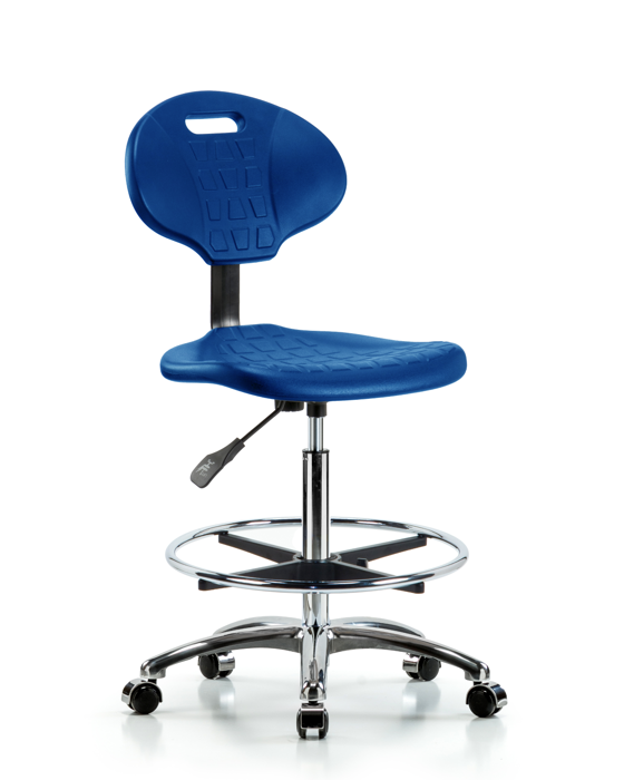Blue Ridge Ergonomics TPHBCH-CR-A0-CF-CC-BLU Erie Polyurethane Chair Chrome - High Bench Height with Chrome Foot Ring & Chrome Casters in Blue Polyurethane