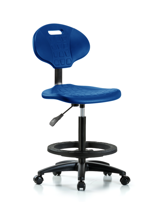 Blue Ridge Ergonomics TPHBCH-RG-A0-BF-RC-BLU Erie Polyurethane Chair - High Bench Height with Black Foot Ring & Casters in Blue Polyurethane