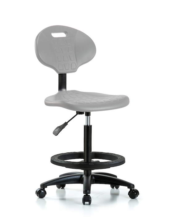 Blue Ridge Ergonomics TPHBCH-RG-A0-BF-RC-GRY Erie Polyurethane Chair - High Bench Height with Black Foot Ring & Casters in Gray Polyurethane