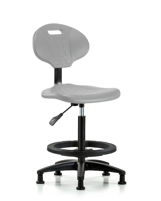 Blue Ridge Ergonomics TPHBCH-RG-A0-BF-RG-GRY Erie Polyurethane Chair - High Bench Height with Black Foot Ring & Stationary Glides in Gray Polyurethane