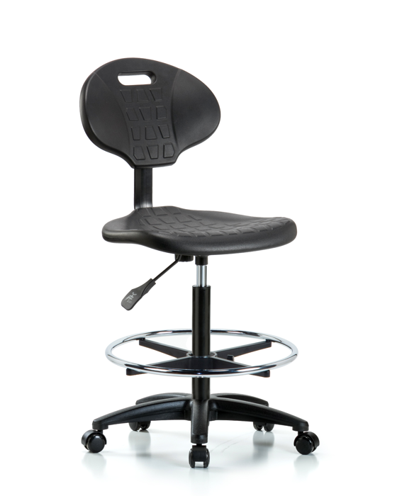 Blue Ridge Ergonomics TPHBCH-RG-A0-CF-RC-BLK Erie Polyurethane Chair - High Bench Height with Chrome Foot Ring & Casters in Black Polyurethane