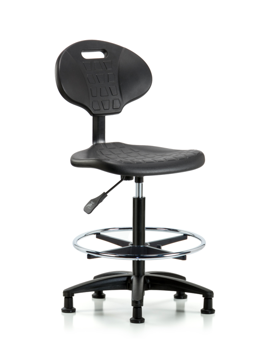 Blue Ridge Ergonomics TPHBCH-RG-A0-CF-RG-BLK Erie Polyurethane Chair - High Bench Height with Chrome Foot Ring & Stationary Glides in Black Polyurethane