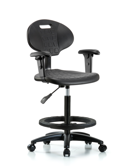 Blue Ridge Ergonomics TPHBCH-RG-A1-BF-RC-BLK Erie Polyurethane Chair - High Bench Height with Black Foot Ring, Adjustable Arms, & Casters in Black Polyurethane
