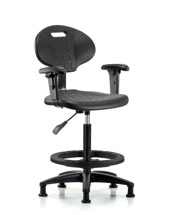 Blue Ridge Ergonomics TPHBCH-RG-A1-BF-RG-BLK Erie Polyurethane Chair - High Bench Height with Black Foot Ring, Adjustable Arms, & Stationary Glides in Black Polyurethane