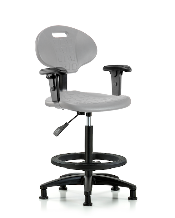 Blue Ridge Ergonomics TPHBCH-RG-A1-BF-RG-GRY Erie Polyurethane Chair - High Bench Height with Black Foot Ring, Adjustable Arms, & Stationary Glides in Gray Polyurethane
