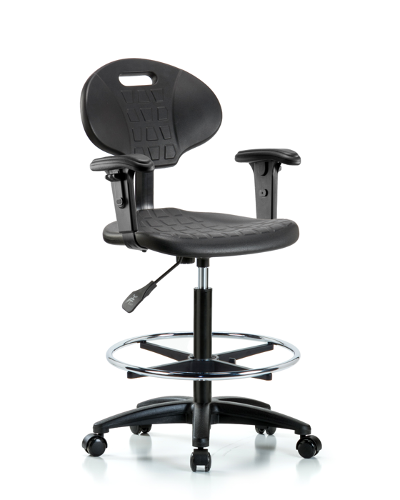 Blue Ridge Ergonomics TPHBCH-RG-A1-CF-RC-BLK Erie Polyurethane Chair - High Bench Height with Chrome Foot Ring, Adjustable Arms, & Casters in Black Polyurethane