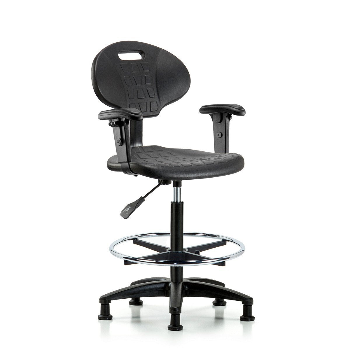 Blue Ridge Ergonomics TPHBCH-RG-A1-CF-RG-BLK Erie Polyurethane Chair - High Bench Height with Chrome Foot Ring, Adjustable Arms, & Stationary Glides in Black Polyurethane