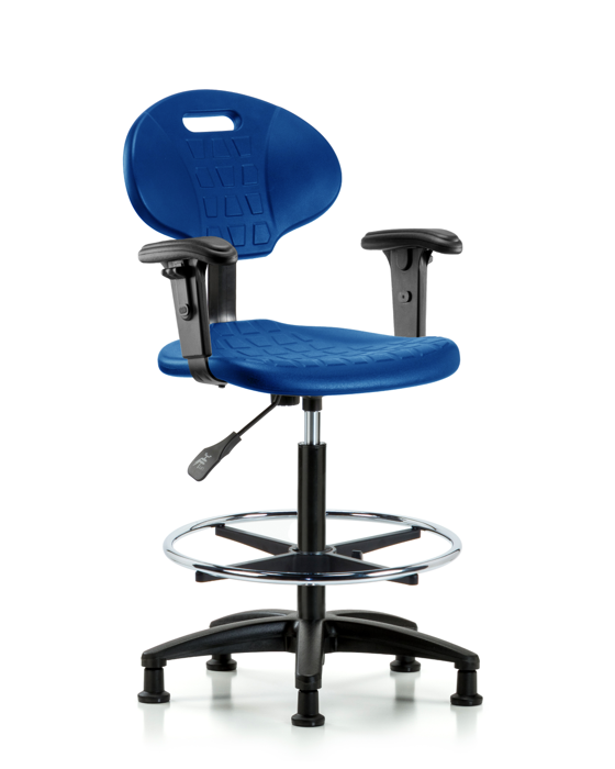 Blue Ridge Ergonomics TPHBCH-RG-A1-CF-RG-BLU Erie Polyurethane Chair - High Bench Height with Chrome Foot Ring, Adjustable Arms, & Stationary Glides in Blue Polyurethane