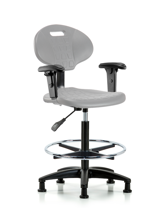Blue Ridge Ergonomics TPHBCH-RG-A1-CF-RG-GRY Erie Polyurethane Chair - High Bench Height with Chrome Foot Ring, Adjustable Arms, & Stationary Glides in Gray Polyurethane
