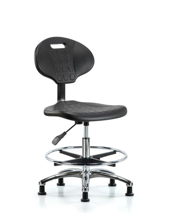 Blue Ridge Ergonomics TPMBCH-CR-A0-CF-RG-BLK Erie Polyurethane Chair Chrome - Medium Bench Height with Chrome Foot Ring & Stationary Glides in Black Polyurethane