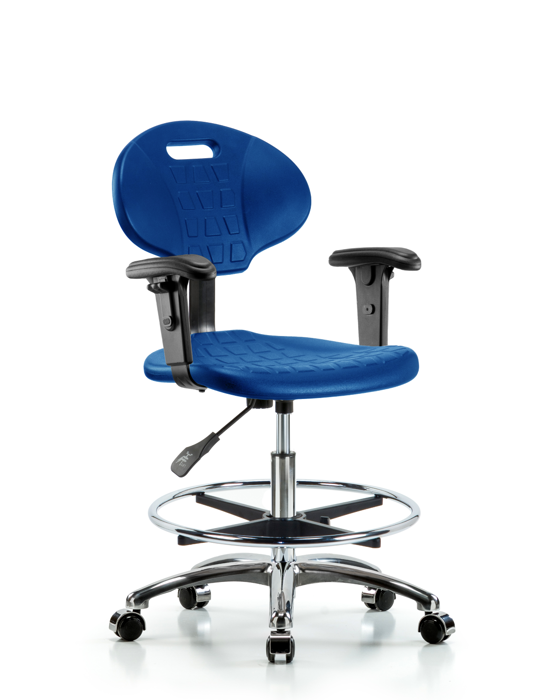 Blue Ridge Ergonomics TPMBCH-CR-A1-CF-CC-BLU Erie Polyurethane Chair Chrome - Medium Bench Height with Chrome Foot Ring, Adjustable Arms, & Chrome Casters in Blue Polyurethane