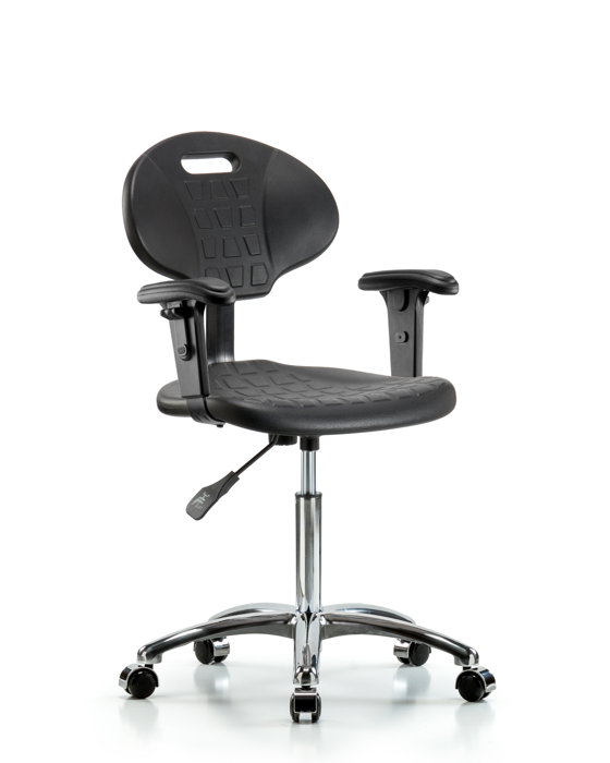 Blue Ridge Ergonomics TPMBCH-CR-A1-NF-CC-BLK Erie Polyurethane Chair Chrome - Medium Bench Height with Adjustable Arms & Chrome Casters in Black Polyurethane