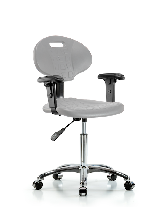 Blue Ridge Ergonomics TPMBCH-CR-A1-NF-CC-GRY Erie Polyurethane Chair Chrome - Medium Bench Height with Adjustable Arms & Chrome Casters in Gray Polyurethane